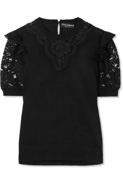 Shop Dolce & Gabbana Ruffled Georgette-trimmed Lace And Wool-blend Top In Black