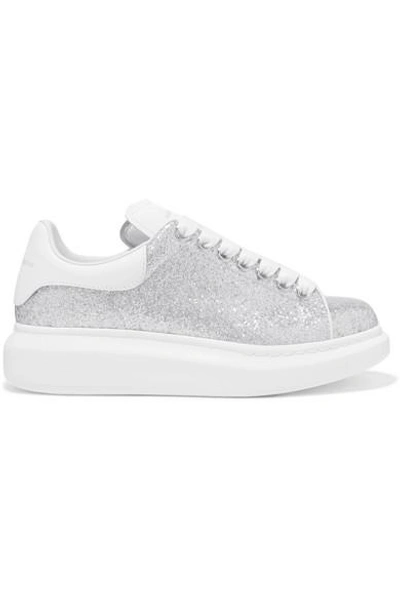 Shop Alexander Mcqueen Glittered Leather Exaggerated-sole Sneakers In Silver