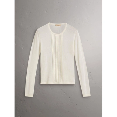 Shop Burberry Pintuck Detail Cashmere Sweater In Natural White