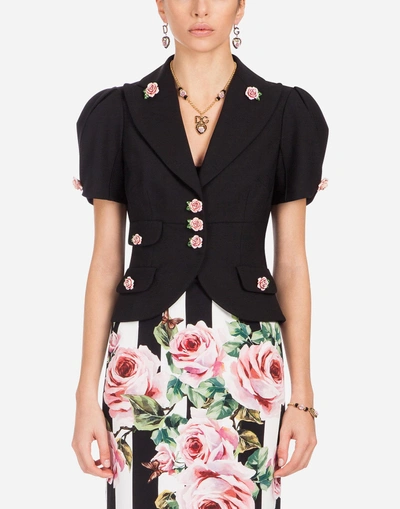 Shop Dolce & Gabbana Single-breasted Short Wool Jacket With Small Roses In Black