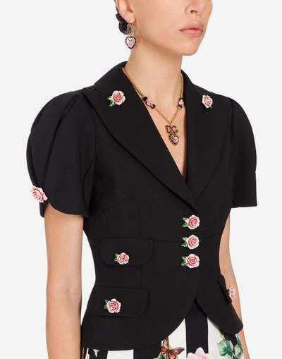 Shop Dolce & Gabbana Single-breasted Short Wool Jacket With Small Roses In Black