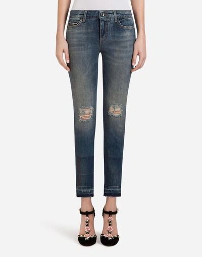 Shop Dolce & Gabbana Denim Stretch Fit Pretty Jeans With Patch Label In Blue