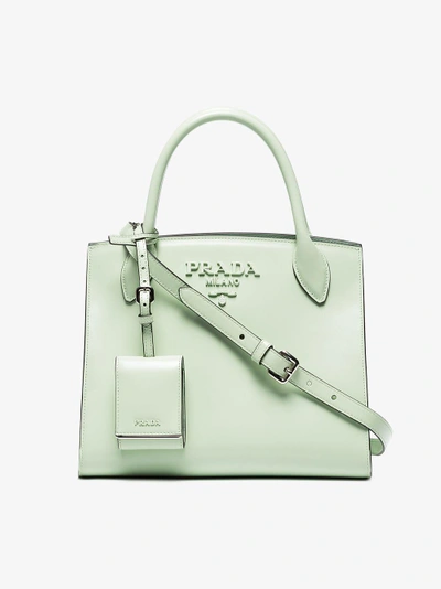 Shop Prada Green Monogram Leather Tote Bag