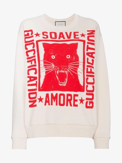 Shop Gucci Sweatshirt With Soave Amore Fication Print In Nude/neutrals