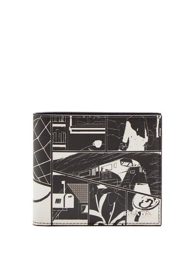 Prada Comic-print Leather Bi-fold Wallet In Black White | ModeSens
