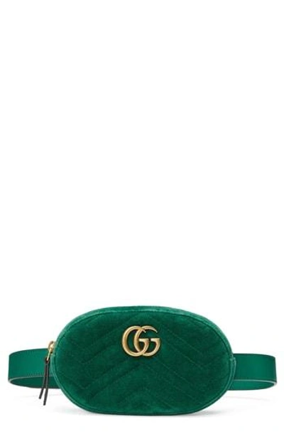 Shop Gucci Small Gg Marmont 2.0 Velvet Belt Bag - Green In Emerald/ Emerald