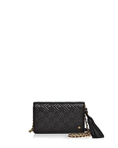 Shop Tory Burch Fleming Flat Leather Wallet Bag In Black/gold