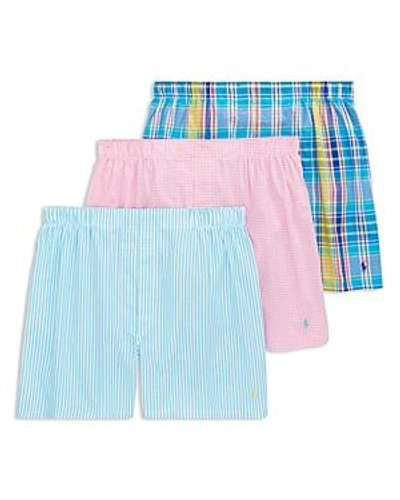 Shop Polo Ralph Lauren Woven Boxers, Pack Of 3 In Blue Multi/pink