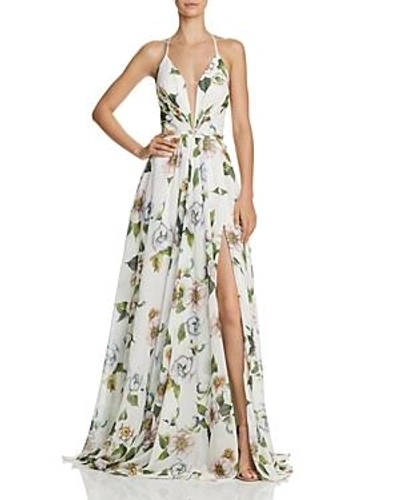 Shop Faviana Couture Floral-print V-neck Gown In Ivory