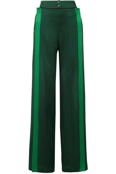Shop Valentino Belted Striped Hammered Satin-jersey Wide-leg Pants In Emerald