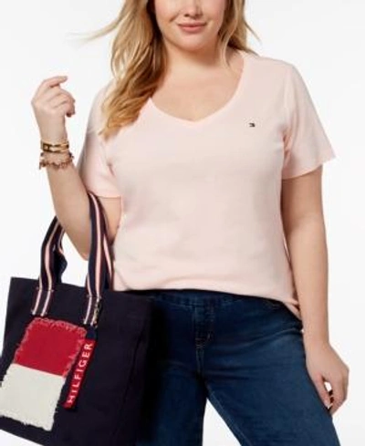Shop Tommy Hilfiger Plus Size Cotton V-neck T-shirt In Ballerina Pink