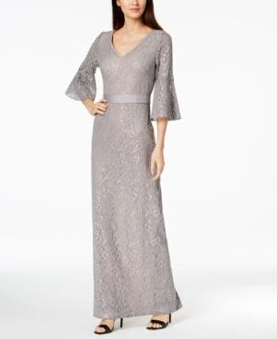 Shop Calvin Klein Sequined Lace Bell-sleeve Gown In Tin