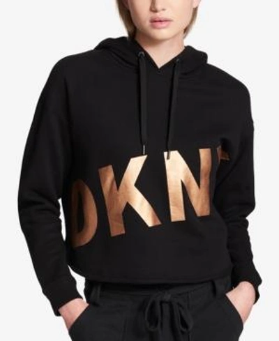 Shop Dkny Sport Cropped Fleece Graphic Hoodie In Black/rose Gold