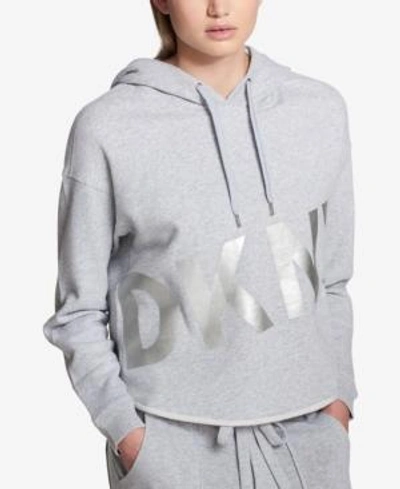 Shop Dkny Sport Cropped Fleece Graphic Hoodie In Dove Heather/silver
