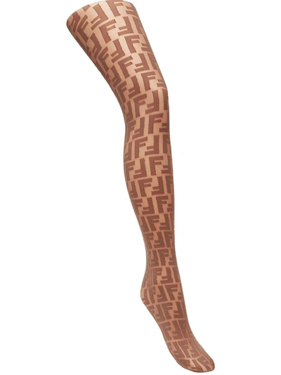 Shop Fendi Logo Embroidered Tights In Brown