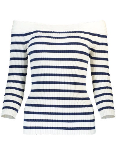 Shop Fuzzi Off Shoulder Striped Sweater In Wht-nvy