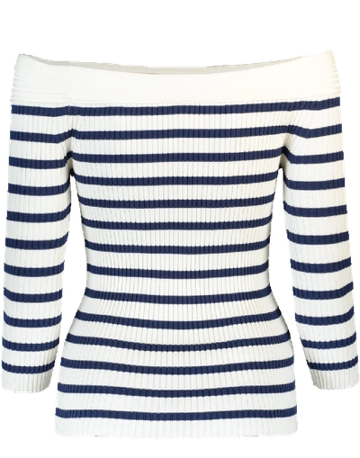 Shop Fuzzi Off Shoulder Striped Sweater In Wht-nvy