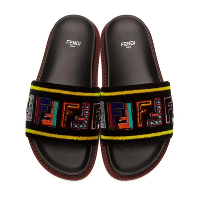 Shop Fendi Multicolor Velvet Logo Slides In F0fgh Multi