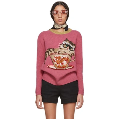 Gucci Pink Jacquard Cat And Glasses Sweater In 5018 Pink | ModeSens 