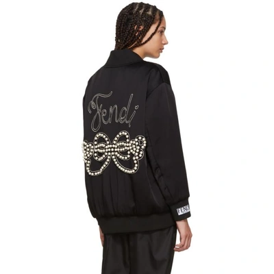 Shop Fendi Black Pearls Bow Back Bomber Jacket In F0gme Black