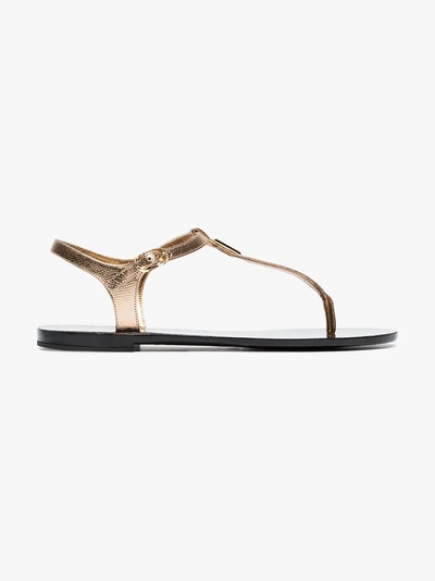 Shop Dolce & Gabbana Metallic Gold Logo Leather Sandals