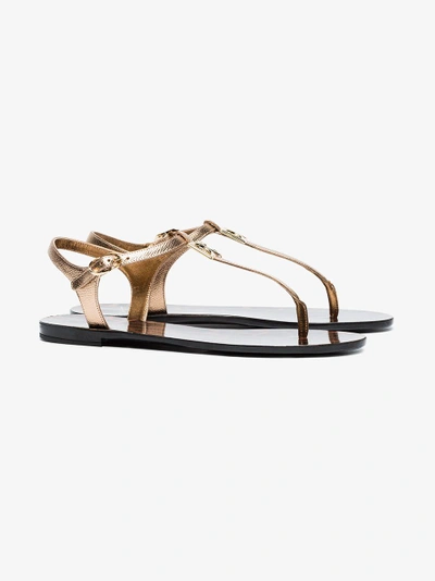 Shop Dolce & Gabbana Metallic Gold Logo Leather Sandals