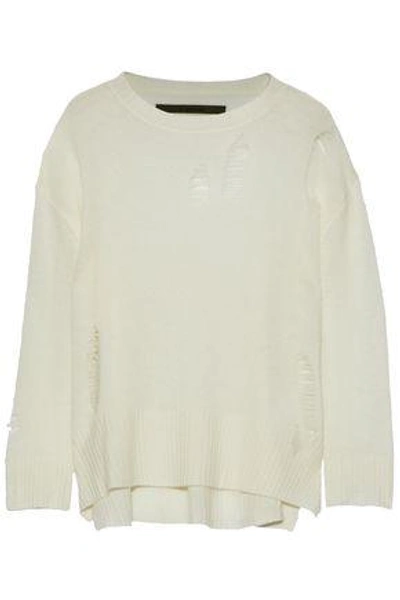 Shop Enza Costa Woman Distressed Wool And Cashmere-blend Sweater Ivory