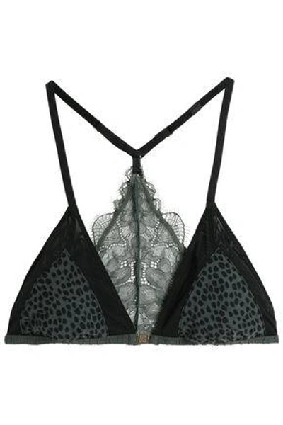 Shop Love Stories Woman Corded Lace And Printed Jersey Soft-cup Triangle Bra Dark Green