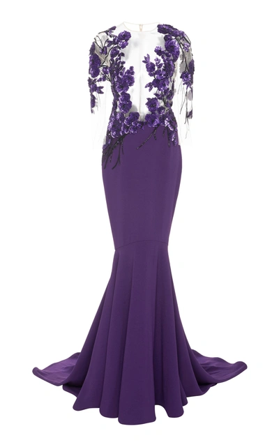 Shop Pamella Roland Sequin Embroidered Crepe Gown In Purple