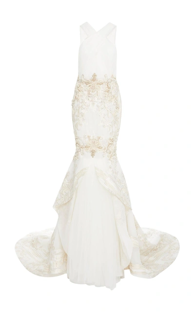 Shop Pamella Roland Baroque Gate Fil-coupe Gown In White
