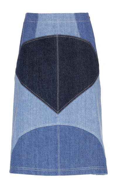 Shop Marni Patchwork Denim High Rise Midi Skirt In Blue