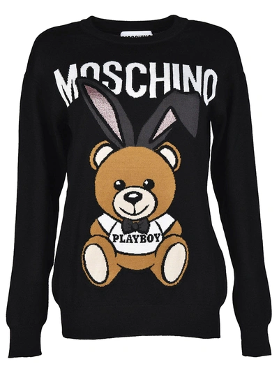 Shop Moschino Playboy Toy Bear Intarsia Sweater In Black