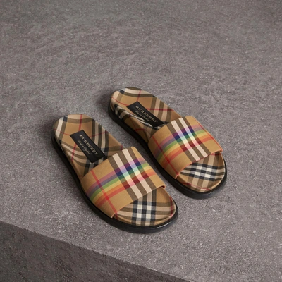 Shop Burberry Rainbow Vintage Check Slides In Antique Yellow