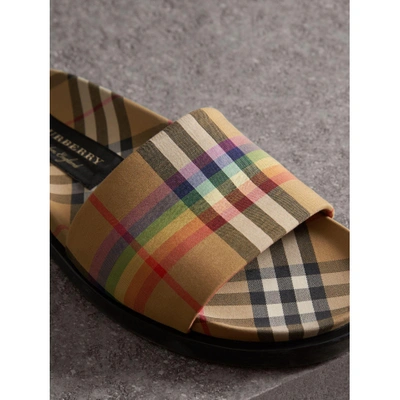 Shop Burberry Rainbow Vintage Check Slides In Antique Yellow