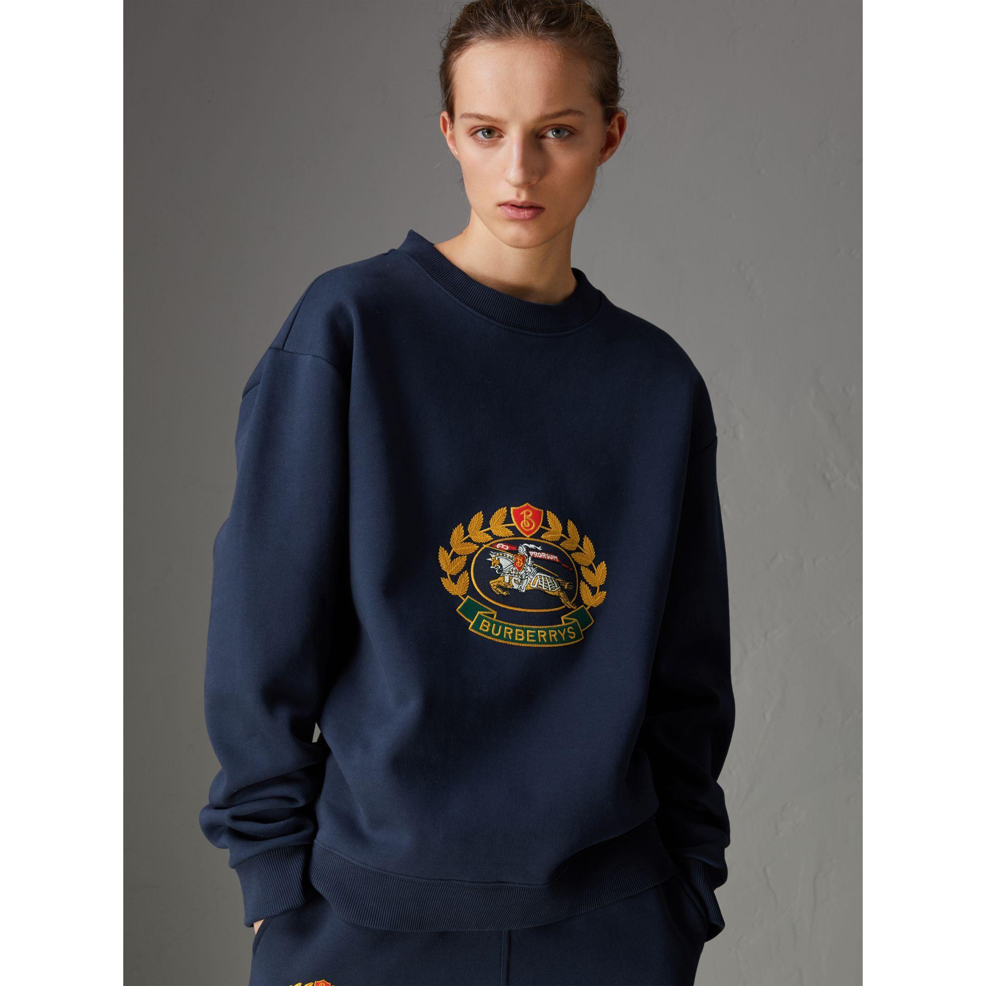 Burberry Embroidered Cotton-blend Jersey Sweatshirt In Navy | ModeSens