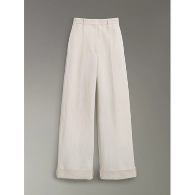 Shop Burberry Cotton Linen Canvas Wide-leg Trousers In Off White