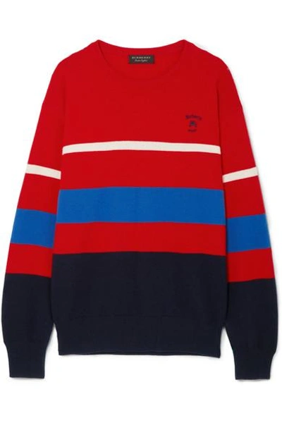 Shop Burberry Embroidered Striped Wool Sweater In Red