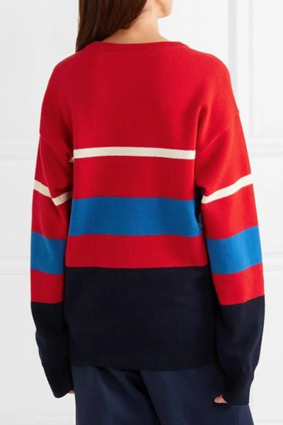 Shop Burberry Embroidered Striped Wool Sweater In Red