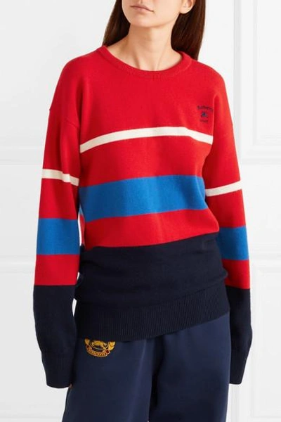 Shop Burberry Embroidered Striped Wool Sweater In Red
