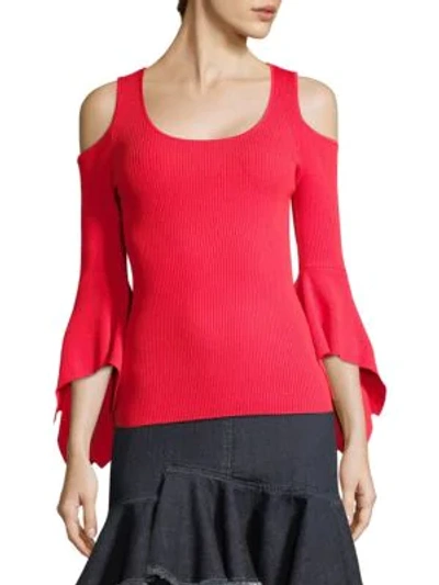 Shop Scripted Ribbed Cold-shoulder Bell-sleeve Sweater In Red