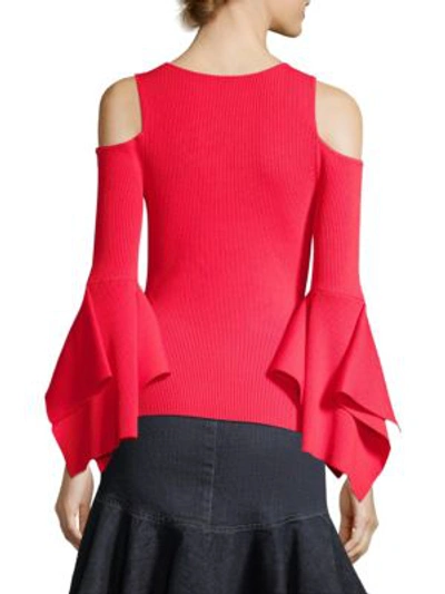 Shop Scripted Ribbed Cold-shoulder Bell-sleeve Sweater In Red