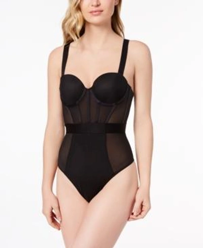 Shop Dkny Sheers Strapless Mesh-panel Thong Bodysuit Dk6008 In Black