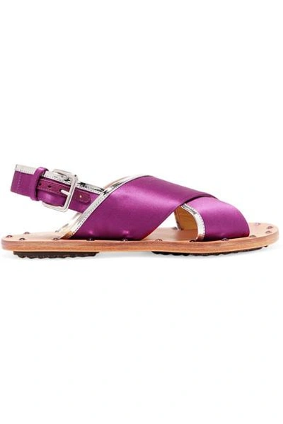 Shop Marni Studded Mirrored Leather-trimmed Satin Slingback Sandals In Purple