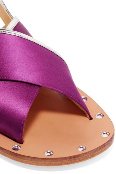 Shop Marni Studded Mirrored Leather-trimmed Satin Slingback Sandals In Purple