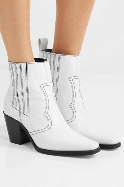 Ganni Callie Croc-effect Leather Ankle Boots In White | ModeSens