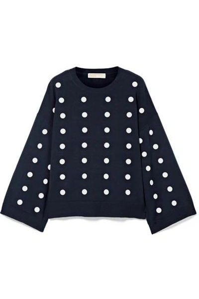 Shop Michael Michael Kors Oversized Embellished Cotton Sweater In Midnight Blue
