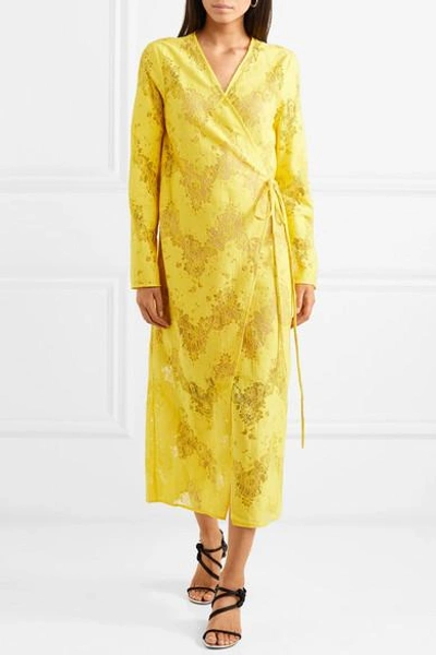 Shop Goen J Lace Wrap Midi Dress In Yellow