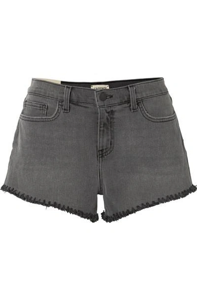 Shop L Agence Zoe Frayed Denim Shorts In Dark Gray