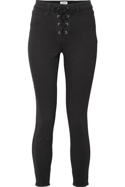 Shop L Agence The Cherie Lace-up High-rise Skinny Jeans In Black