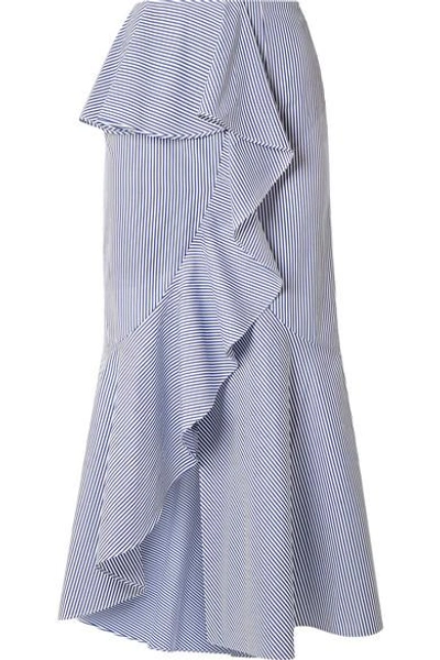 Shop Goen J Ruffled Striped Cotton-poplin Midi Skirt In Blue